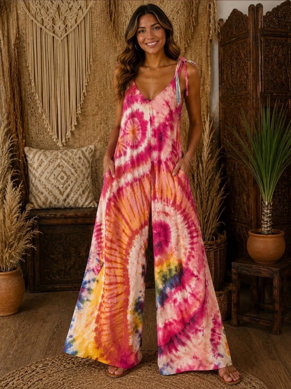 Tie-Dye Wide Leg Jumpsuit in Pink & Multi